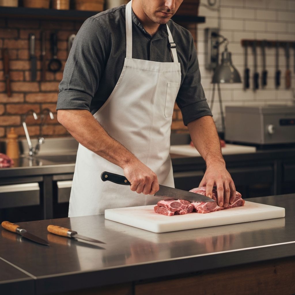 Craft butcher working with Duroc pork